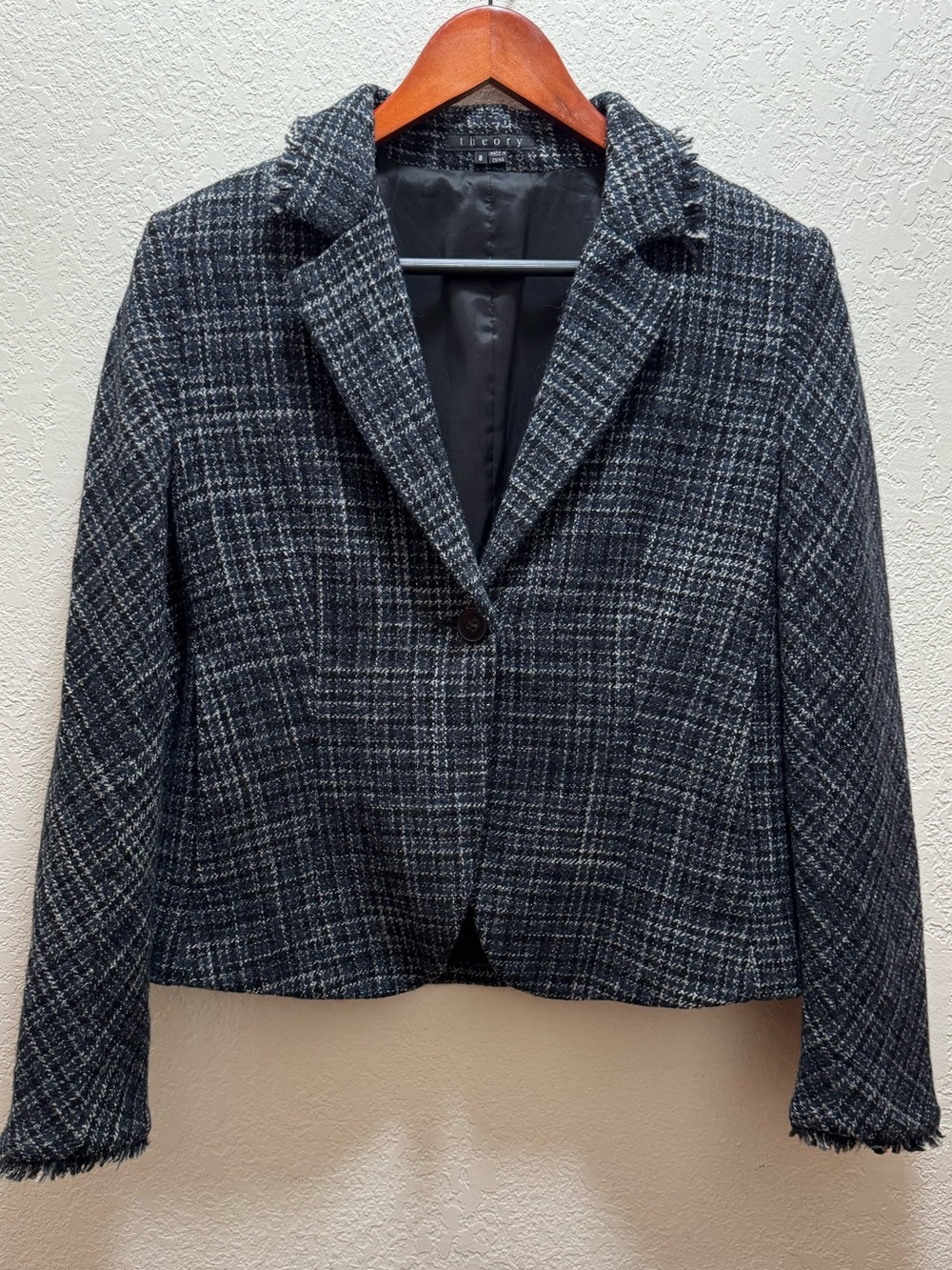 Theory Laseli 100% Wool Plaid Tweed Blazer Sz 8